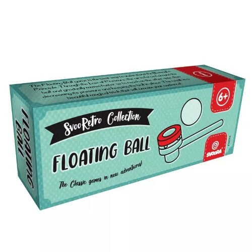 De verpakking van het Svoora blaasspel zwevende bal, met de titel 'Floating Ball' en een illustratie van het spel.
