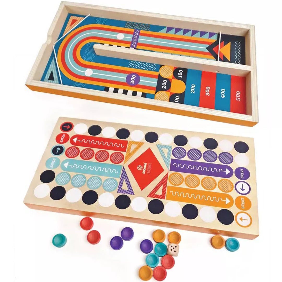 Svoora 2-in-1 bordspel met een katapultspel en een Ludo-spel, inclusief kleurrijke speelstukken en een dobbelsteen.