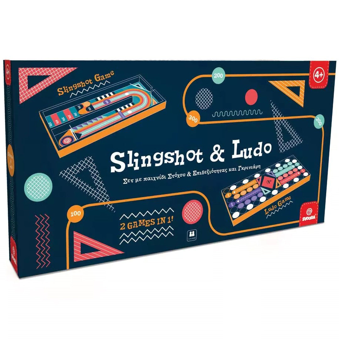 De donkerblauwe verpakking van het Svoora 2-in-1 bordspel Slingshot & Ludo, met illustraties van de spellen.