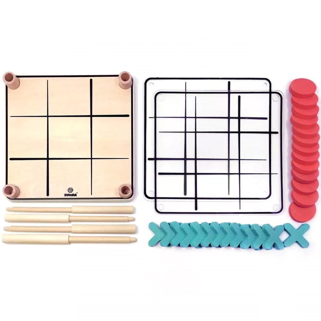 Alle onderdelen van het Svoora 3D boter kaas en eieren bordspel, inclusief speelstukken en lagen.