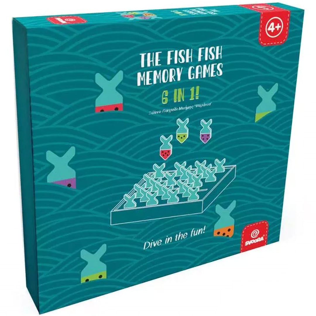 Verpakking van het Svoora houten geheugenspel met visjes en de tekst 'The Fish Fish Memory Games 6 in 1'.