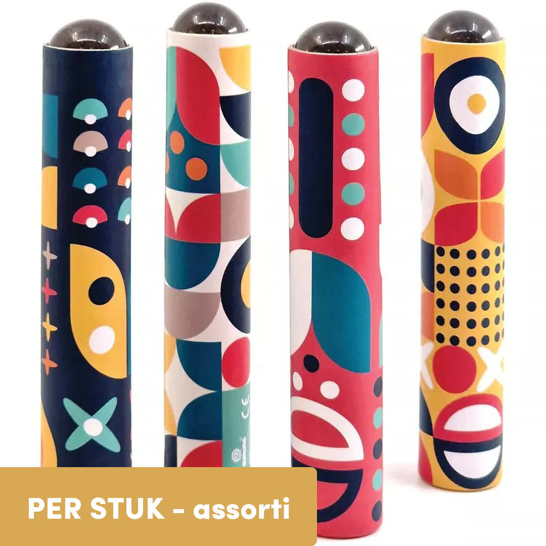 Vier Svoora confetti kaleidoscopen met kleurrijke abstracte patronen.