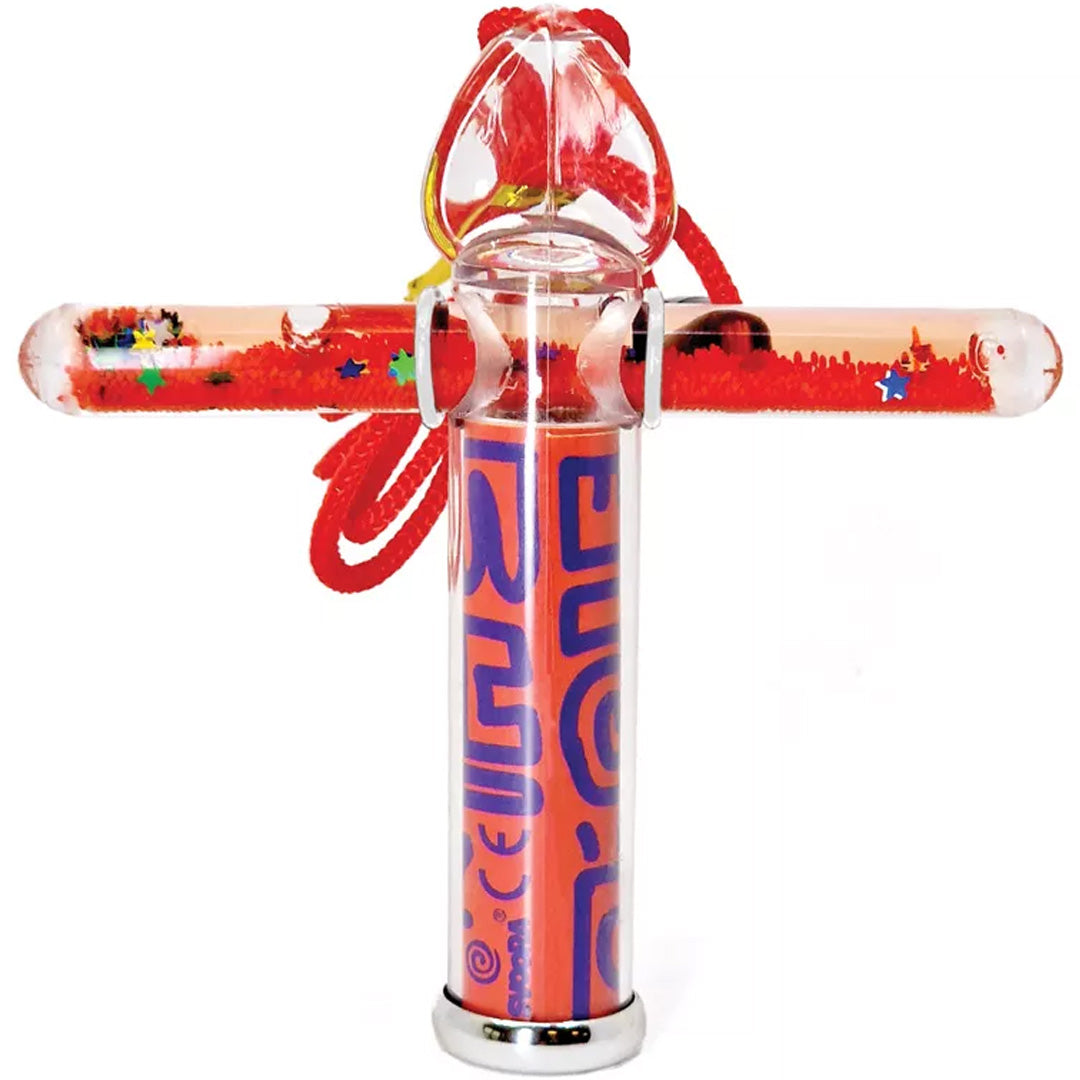 Svoora rode mini vloeibare caleidoscoop met sterren en een rood koord.