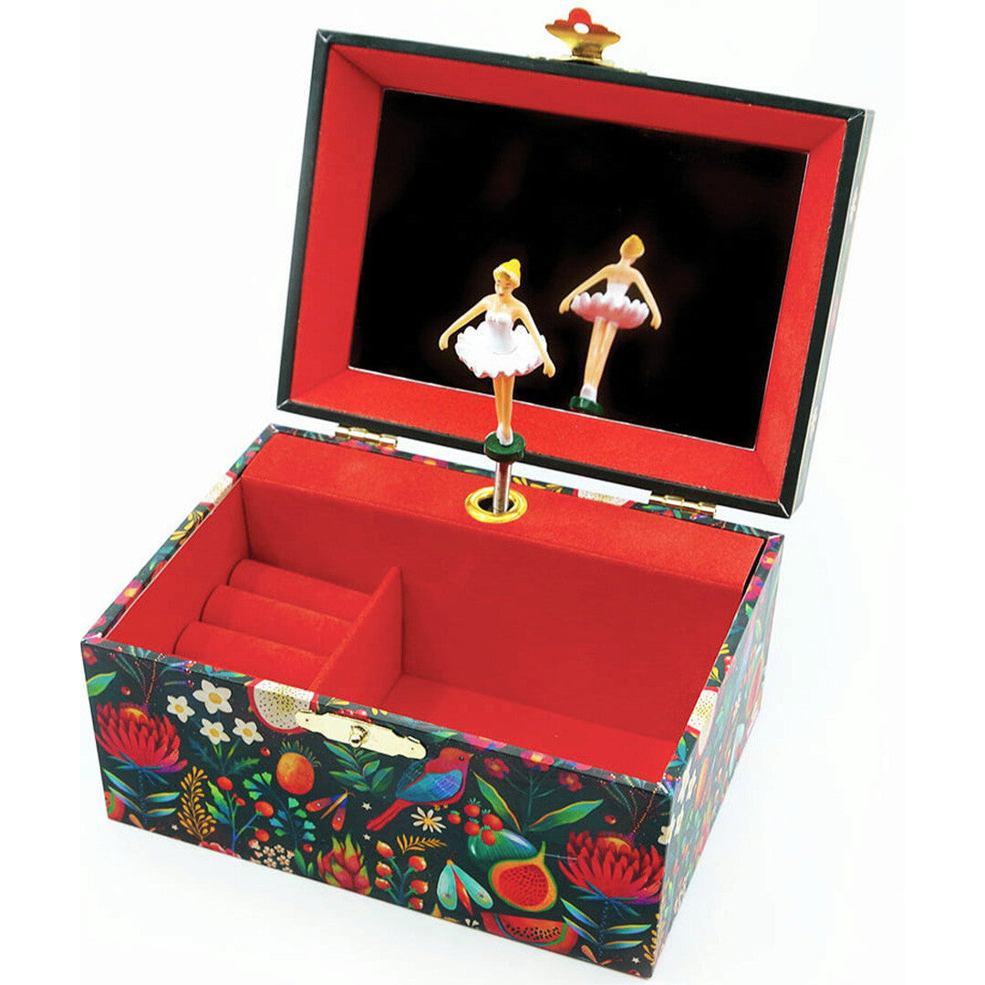 Open Svoora sieradendoosje met muziek, met een ballerina, spiegel en rood interieur, versierd met bloemen en vogels.