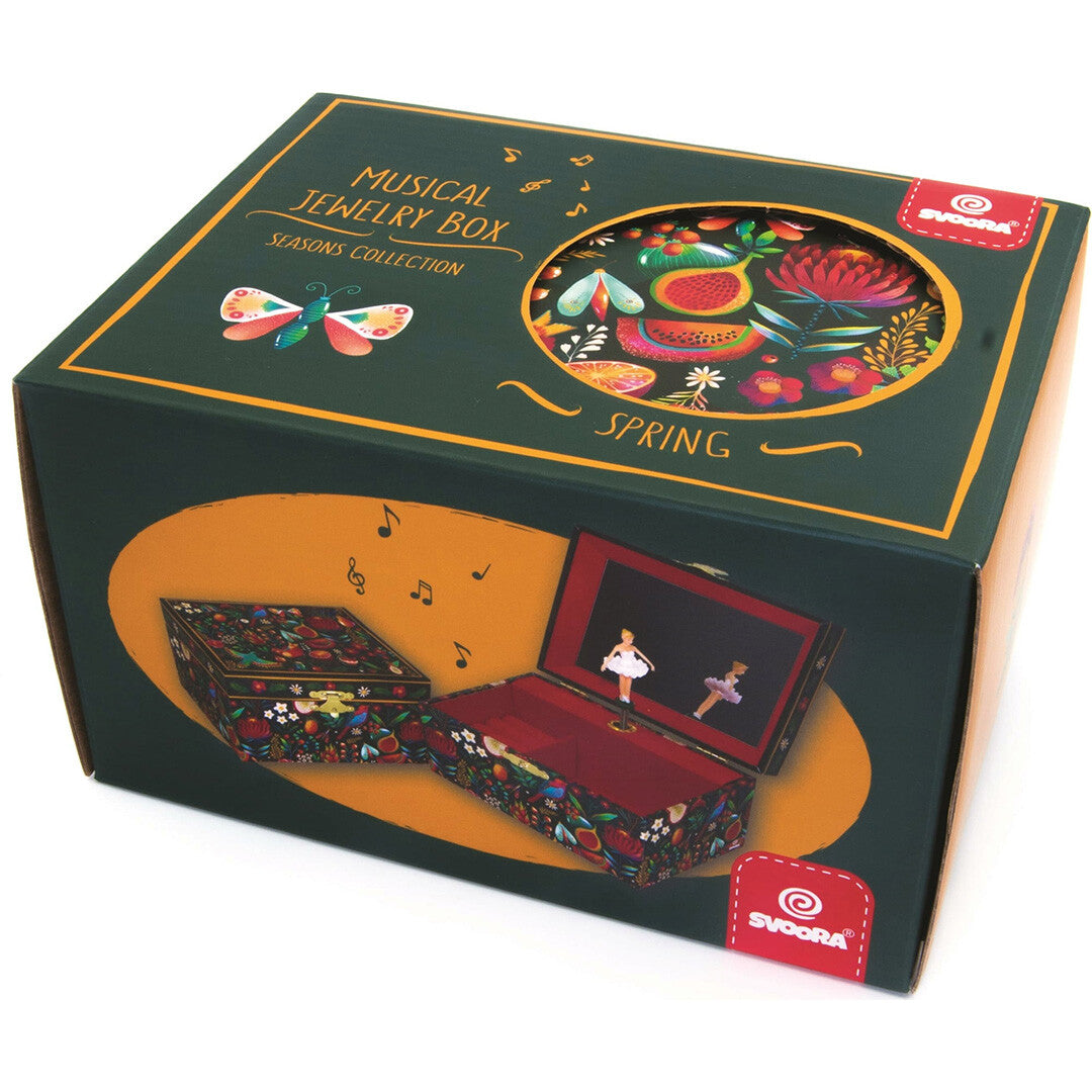 De verpakking van het Svoora sieradendoosje met muziek, met productafbeeldingen en de tekst 'Musical Jewelry Box Seasons Collection Spring'.