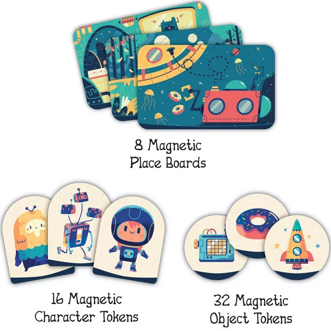 Een infographic van de Svoora 'My Story Tales' spelonderdelen, met magnetische speelborden, karakter- en objectfiches in ruimte-thema.