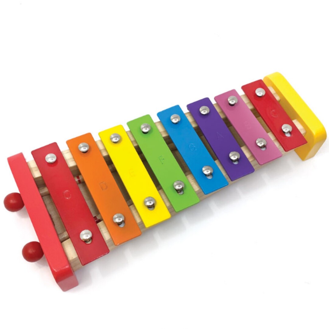 Svoora regenboog xylofoon met gekleurde metalen staven op een houten basis.
