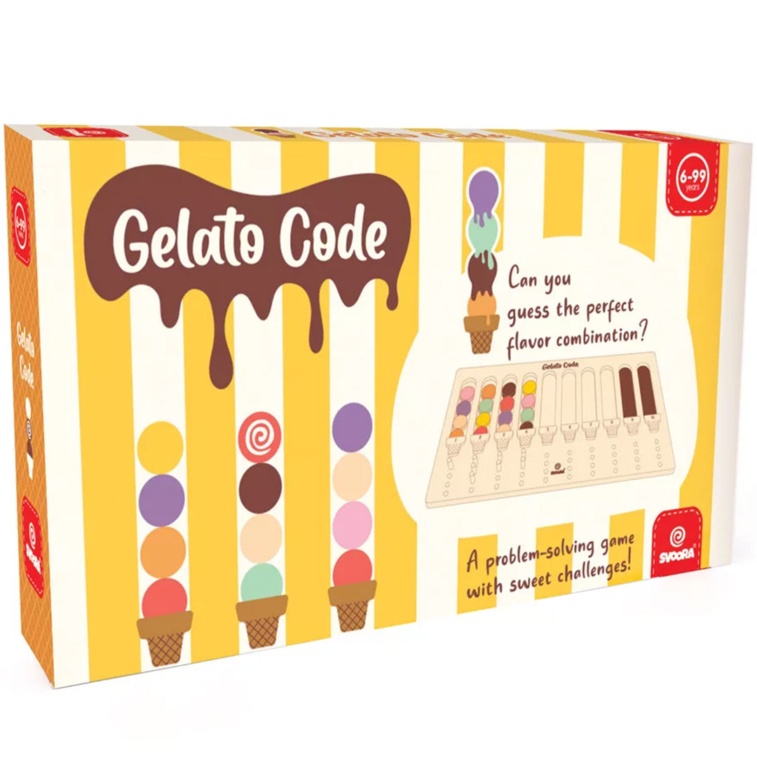 De verpakking van het Svoora Gelato Code bordspel met ijsjes thema.
