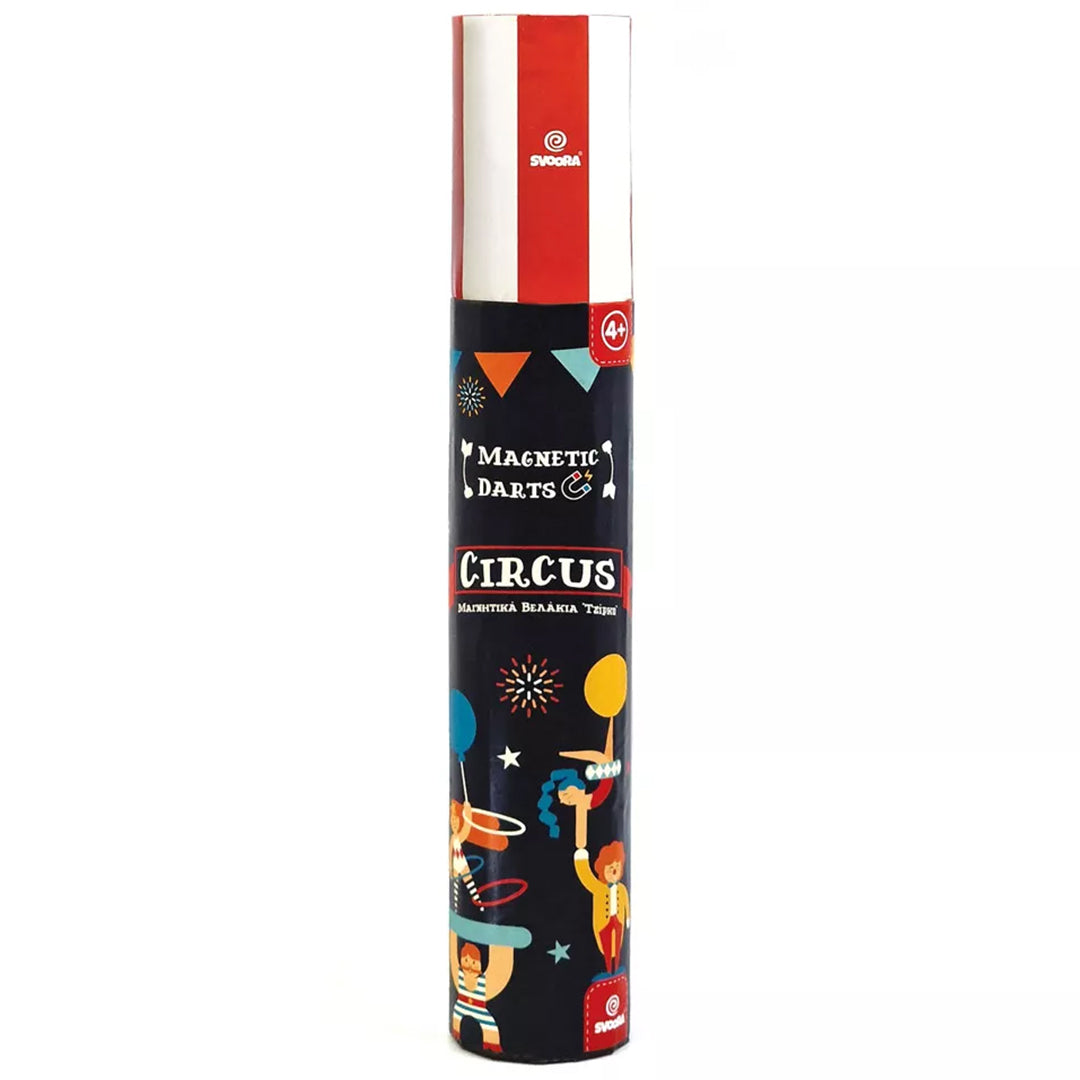 De cilindervormige verpakking van het Svoora magnetisch dartspel met circusafbeeldingen.