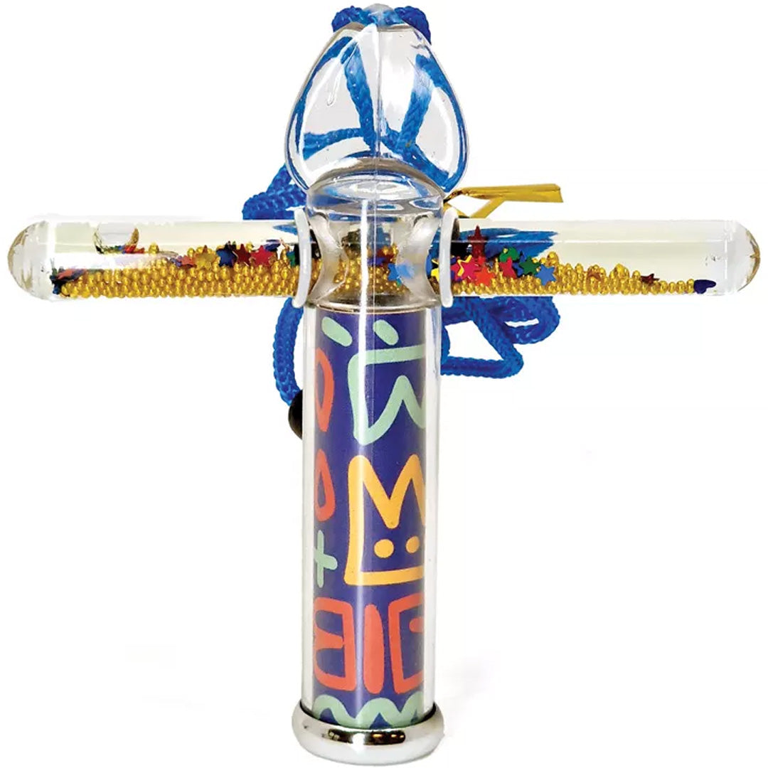 Svoora mini vloeibare caleidoscoop met abstract patroon en een horizontale buis gevuld met kleurrijke kraaltjes.