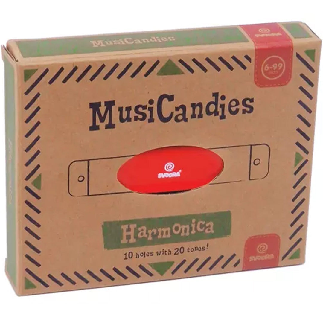 Verpakking van de Svoora MusiCandies mondharmonica.