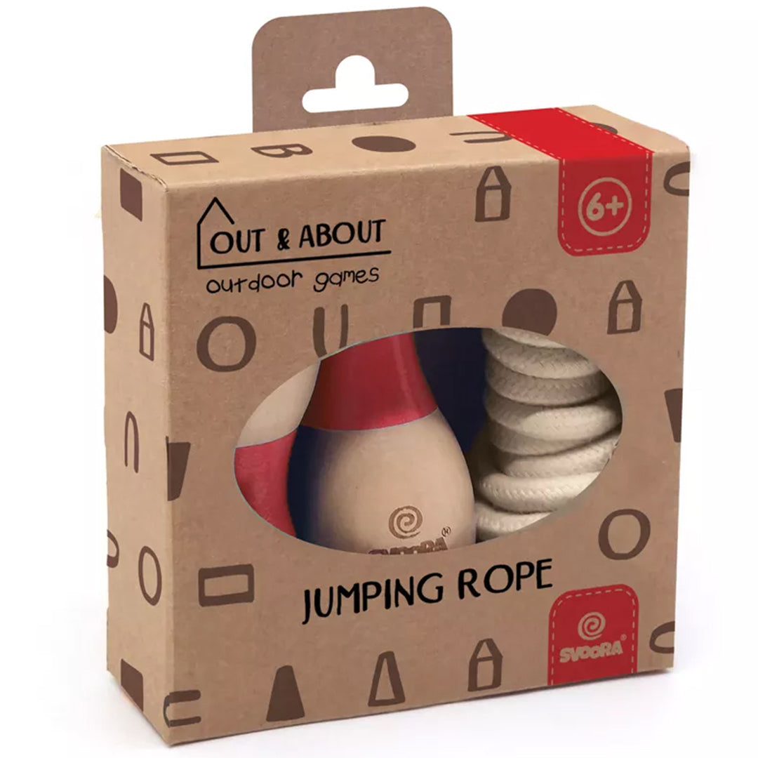 Verpakking van het Svoora springtouw met een uitsparing die de houten handvatten toont.