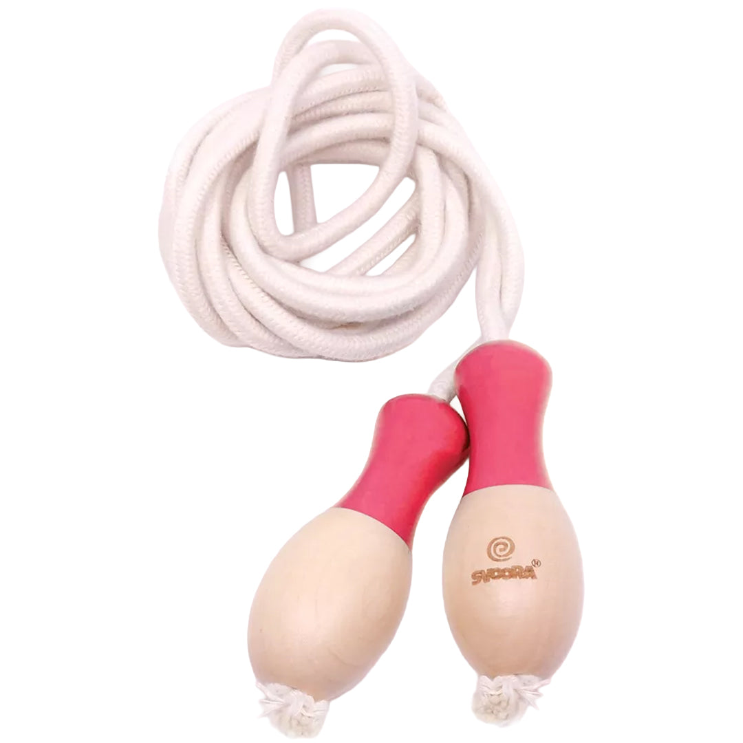 Svoora springtouw met rode en naturel houten handvatten en wit katoenen touw.