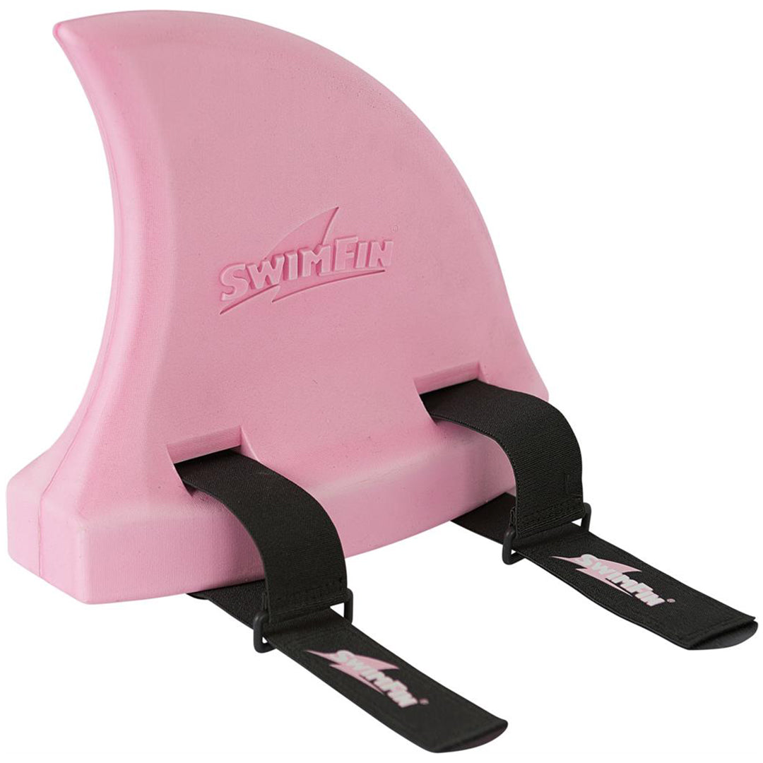 Roze Swimfin zwemhulpje in de vorm van een haaienvin met zwarte banden.
