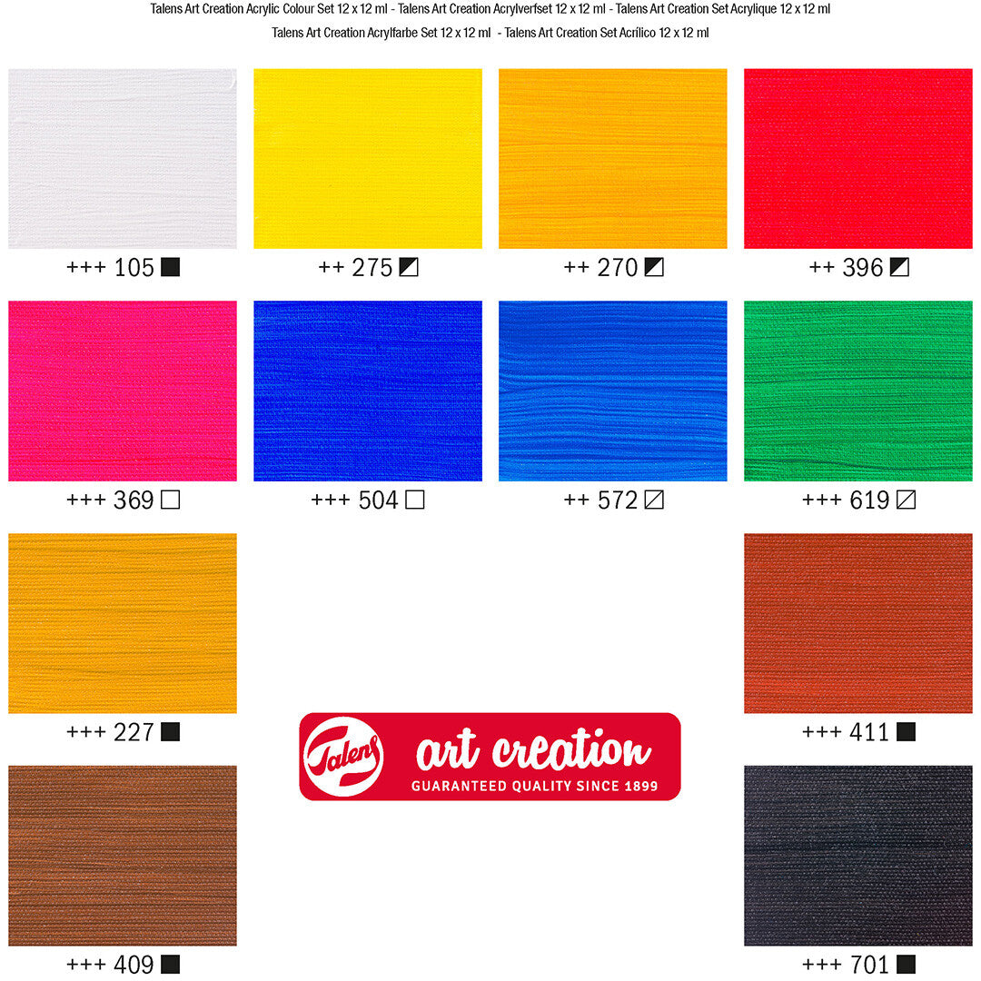 Infographic met 12 kleurstaaltjes en kleurnummers van Talens Art Creation acrylverf.