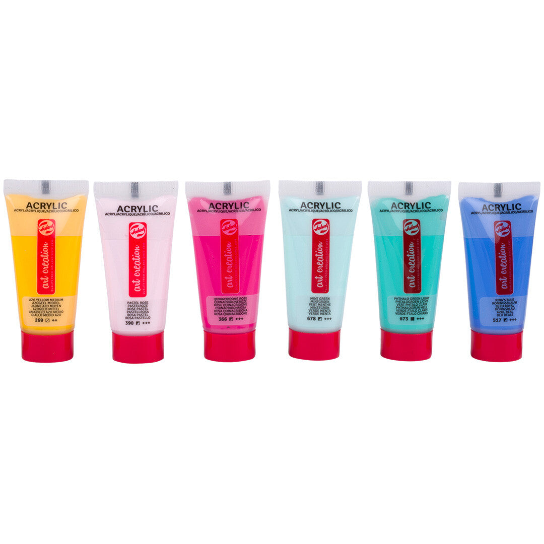 Zes tubes Talens Art Creation acrylverf in verschillende Caribische kleuren staan rechtop.