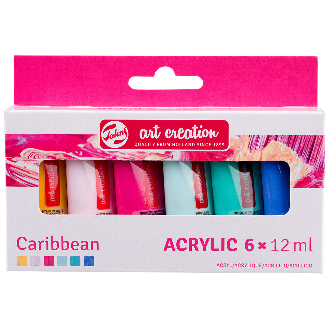 De verpakking van de Talens Art Creation acrylverf set "Caribbean" met zes tubes is zichtbaar.