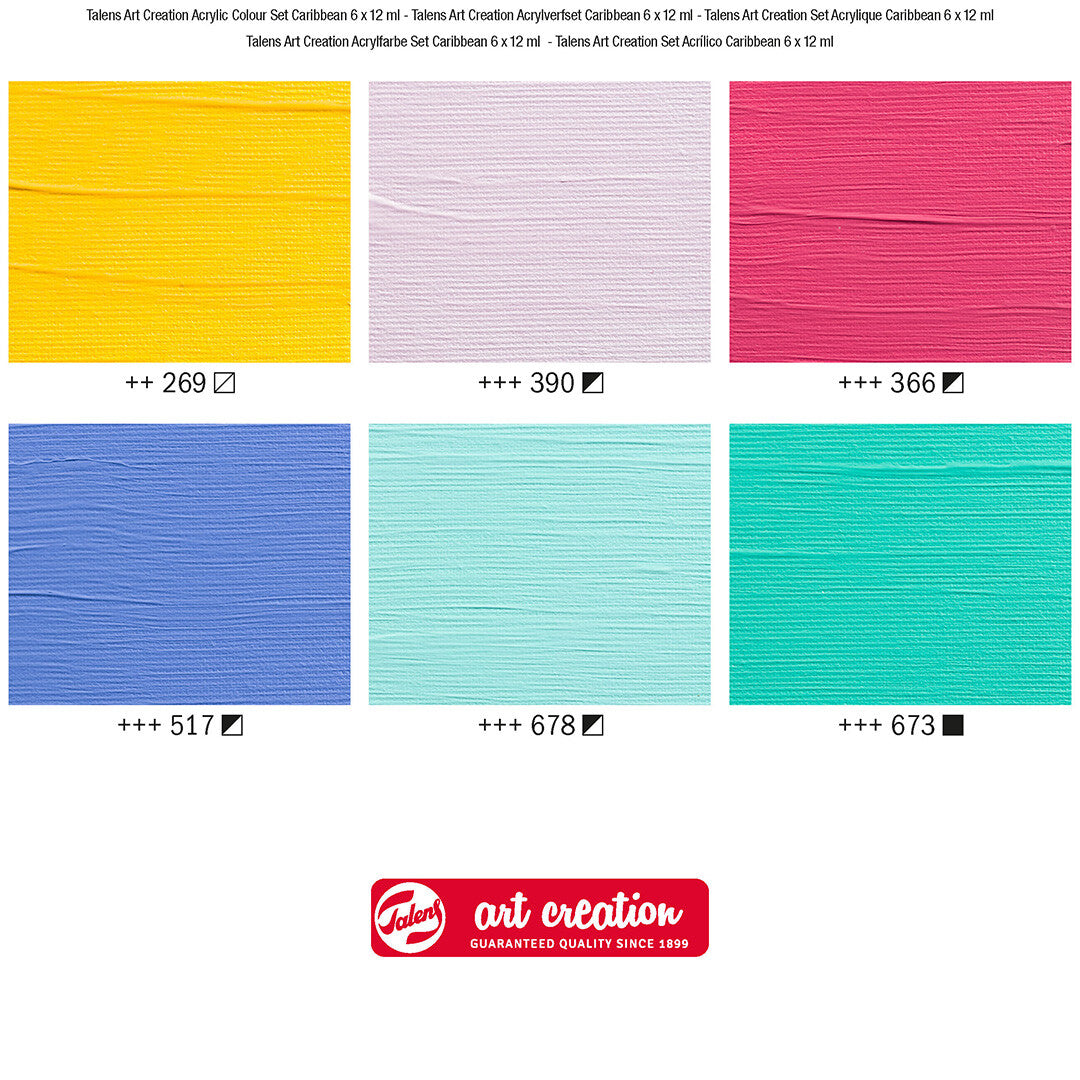 Een infographic toont zes kleurvlakken met bijbehorende codes van de Talens Art Creation acrylverf set.