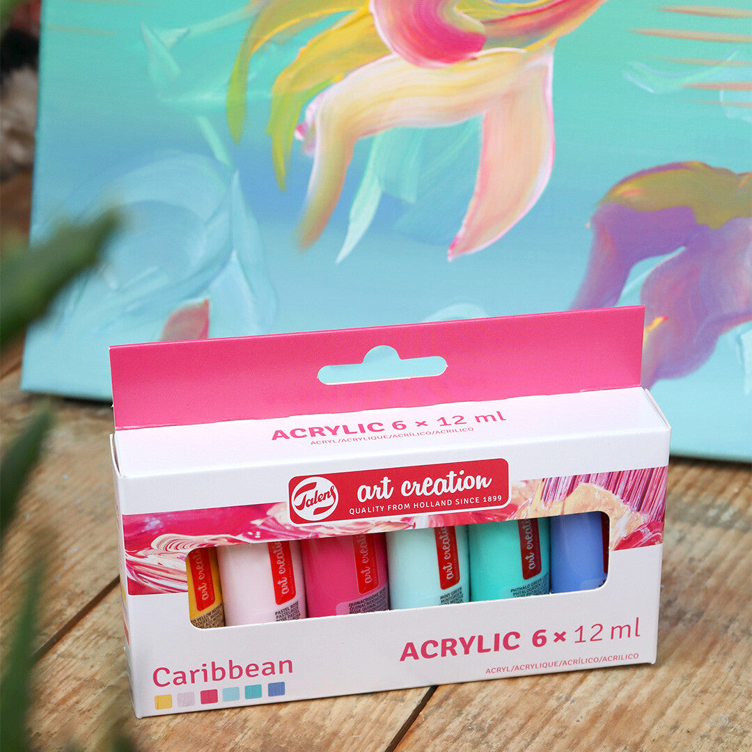 De verpakking van de Talens Art Creation acrylverf set "Caribbean" staat voor een abstract schilderij.