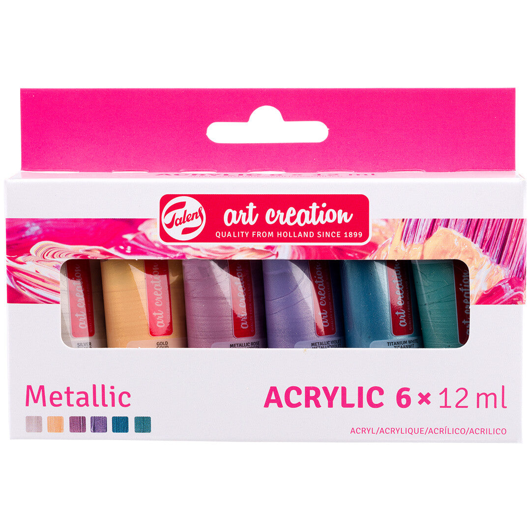 De verpakking van Talens Art Creation metallic acrylverf met zes tubes.