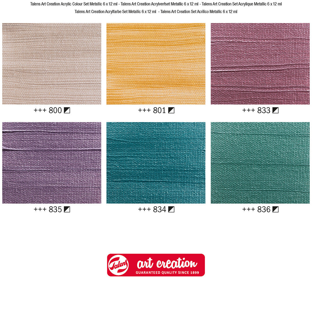 Infographic met zes kleurstaaltjes van Talens Art Creation metallic acrylverf.