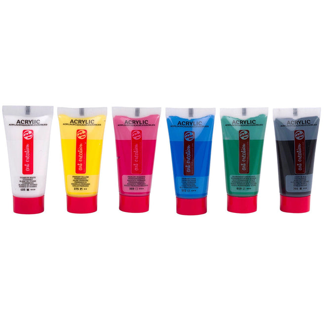 Zes tubes Talens Art Creation acrylverf in de kleuren wit, geel, magenta, blauw, groen en zwart.