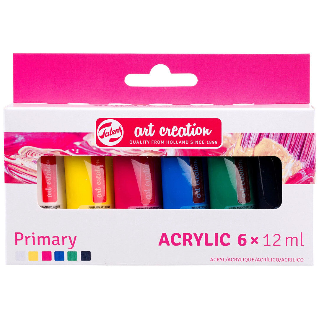 De verpakking van de Talens Art Creation acrylverf set met zes tubes primaire kleuren.
