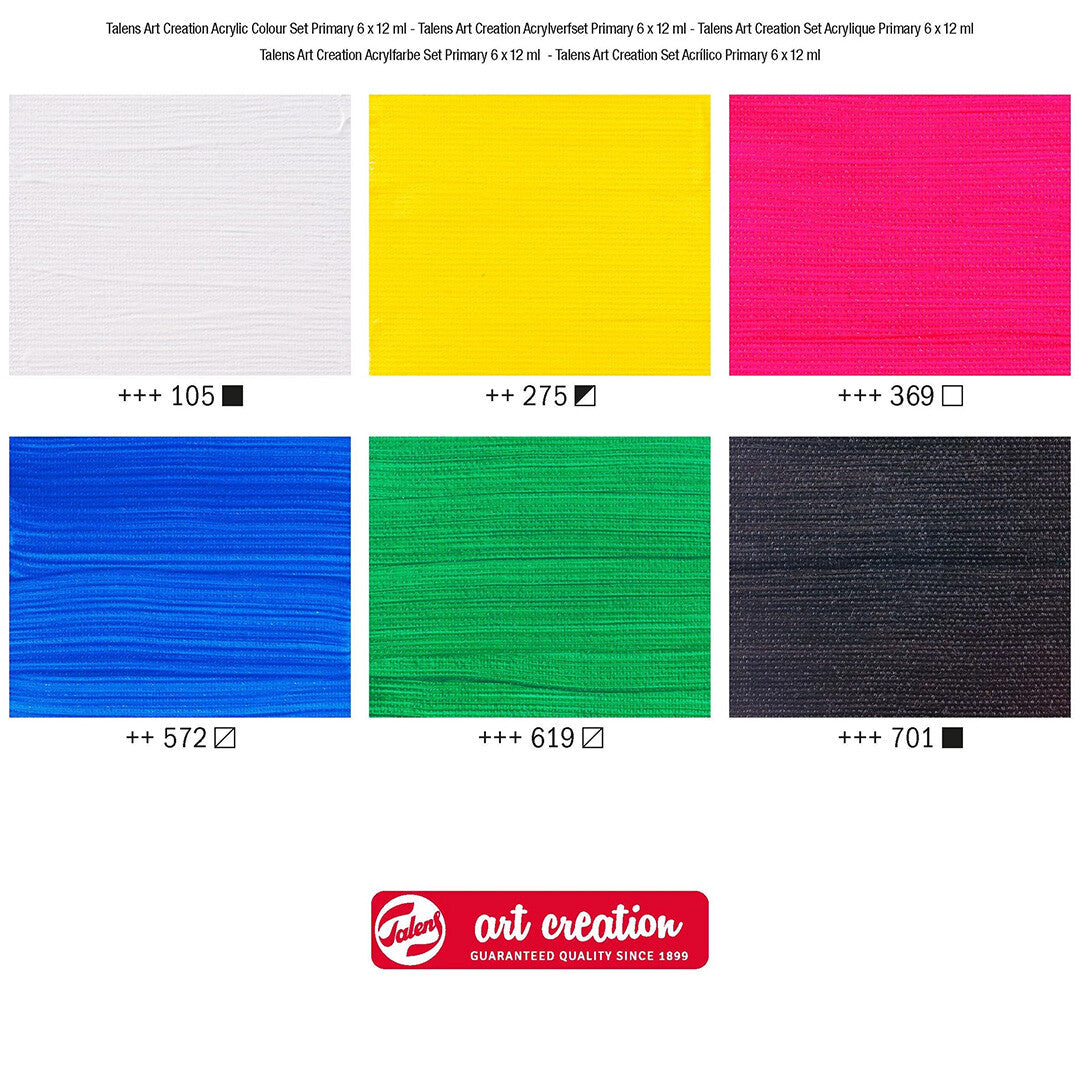 Infographic met zes kleurvlakken van Talens Art Creation acrylverf in wit, geel, magenta, blauw, groen en zwart, met kleurnummers.