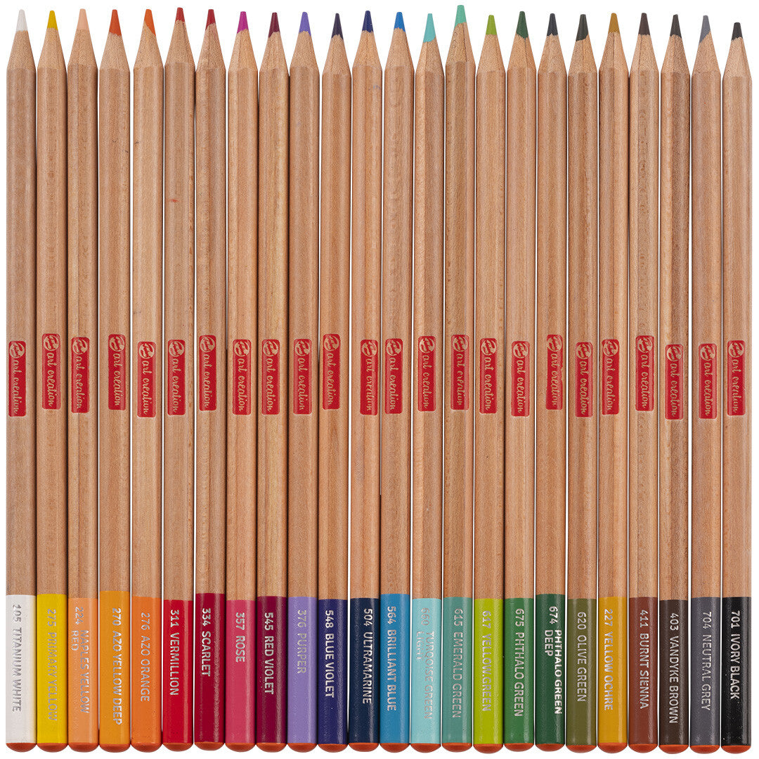 Een collectie Talens Art Creation kleurpotloden in diverse kleuren, van licht naar donker gerangschikt.