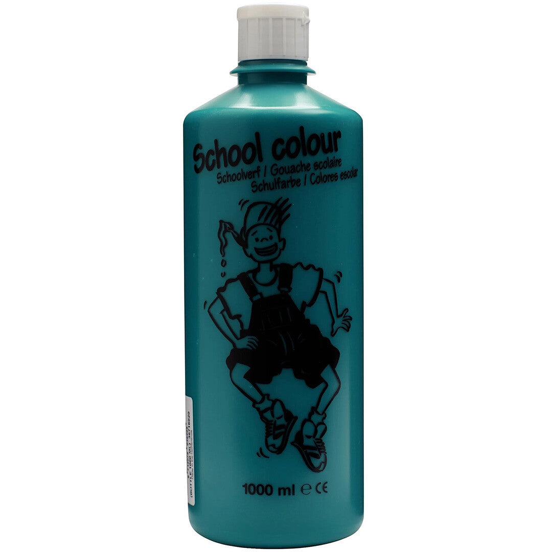 Talens schoolverf in een teal fles van 1000 ml met een cartoon van een jongen.