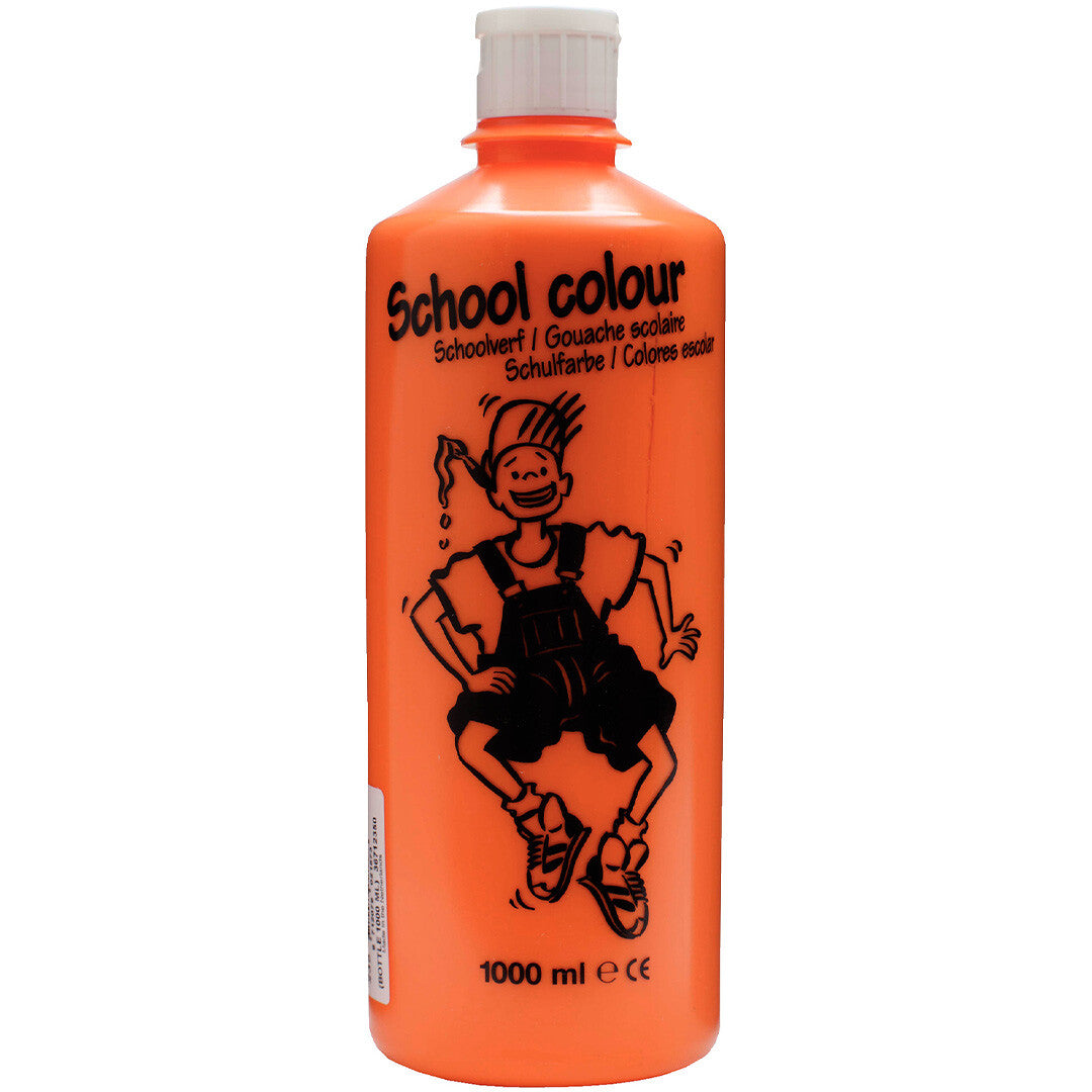 Talens oranje schoolverf in een fles van 1000 ml met een illustratie van een jongen.
