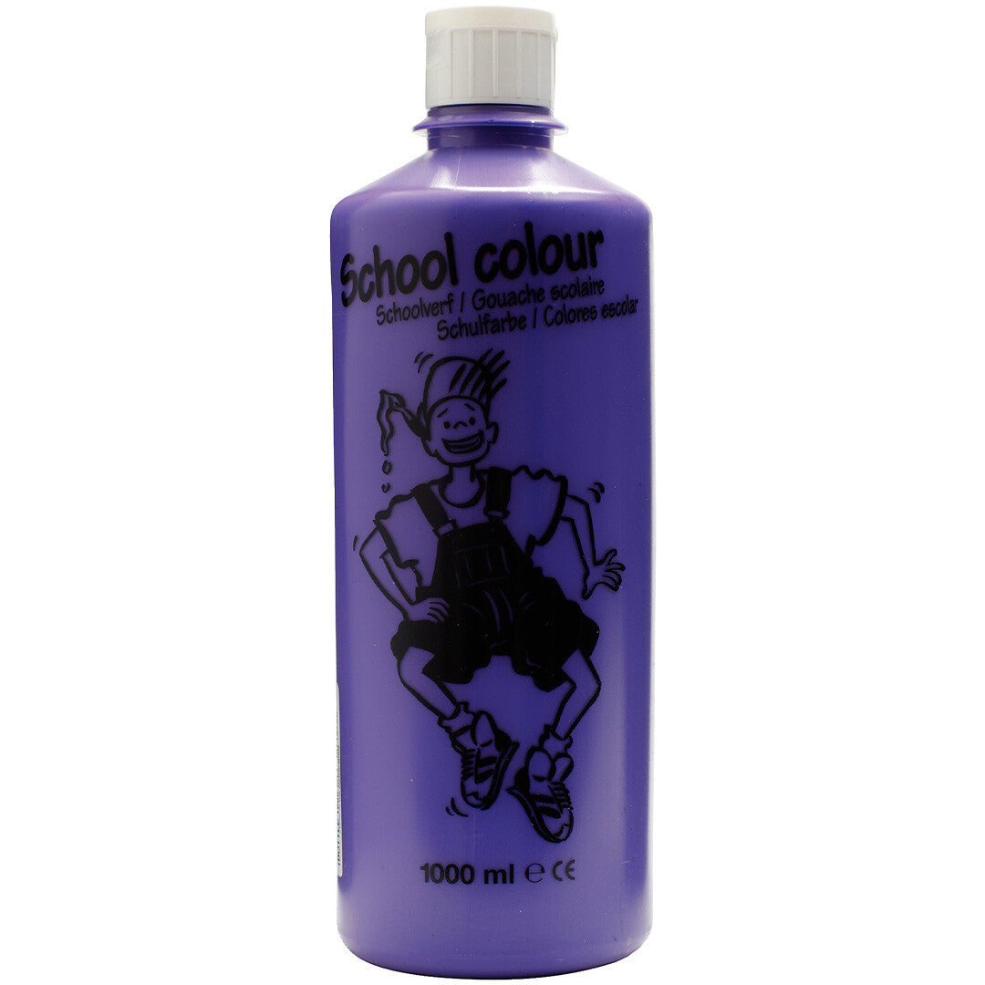 Talens paarse schoolverf in een fles van 1000 ml met een cartoonfiguur.