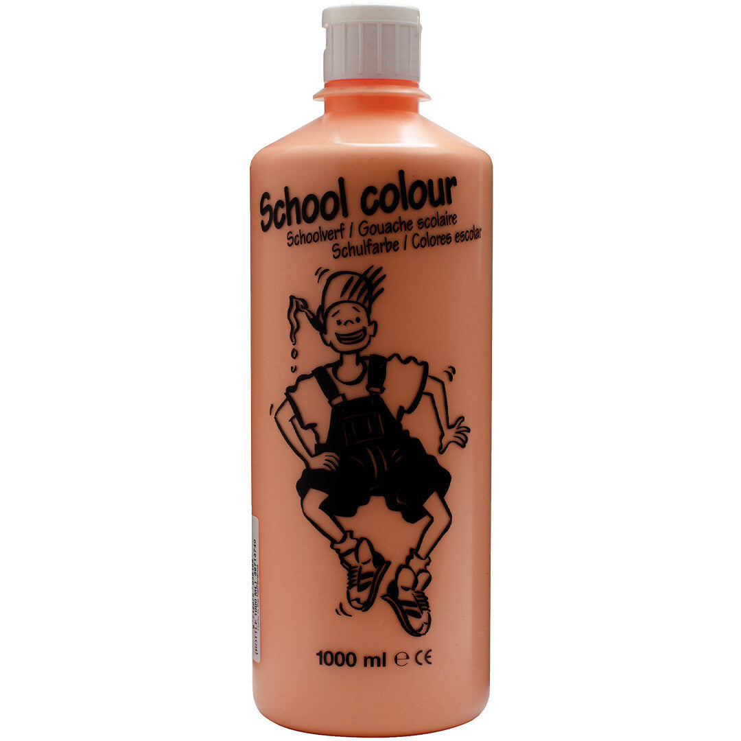 Talens plakkaatverf in een roze beige fles van 1000 ml met een cartoon jongen.