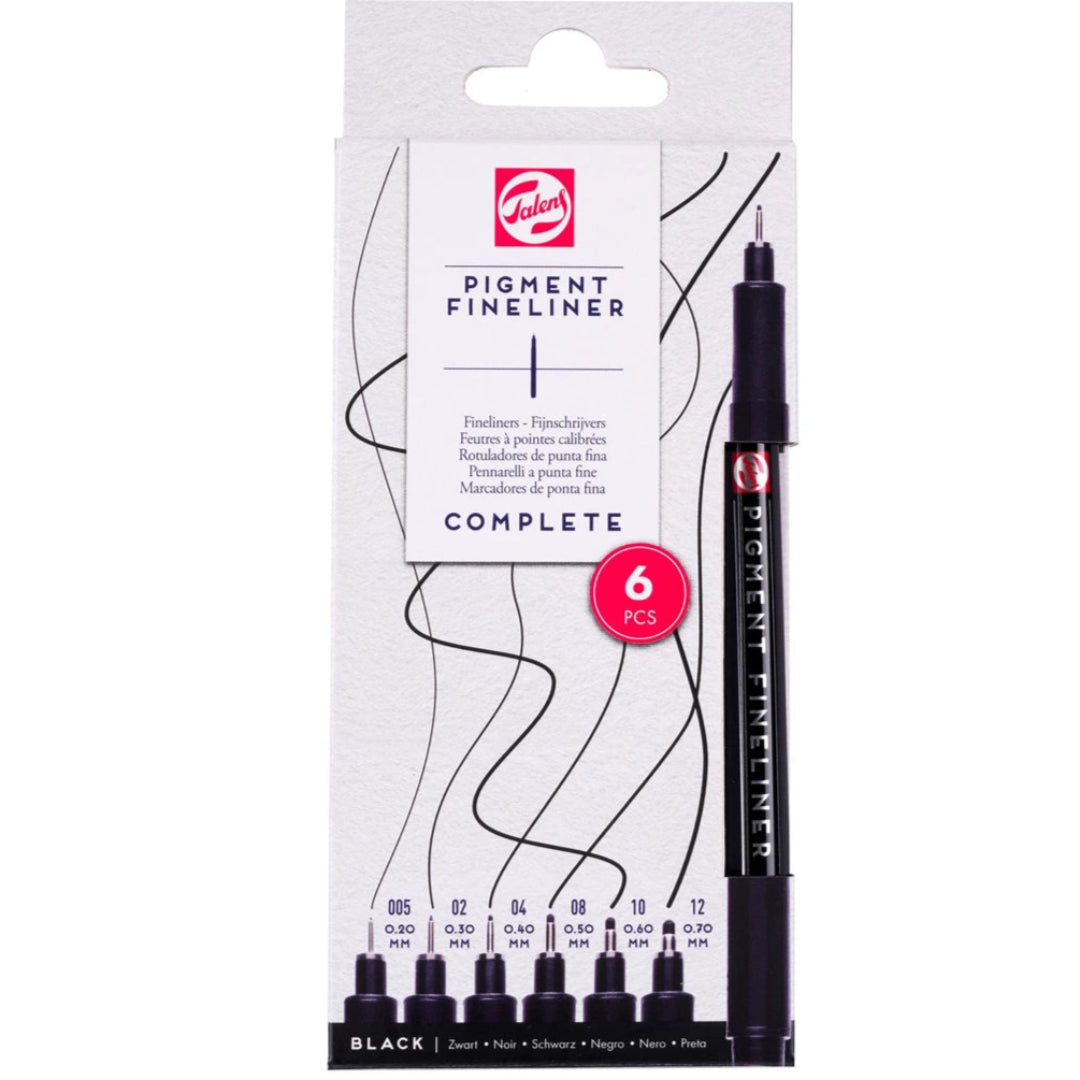 De verpakking van de Talens pigment fineliner set met 6 zwarte fineliners.