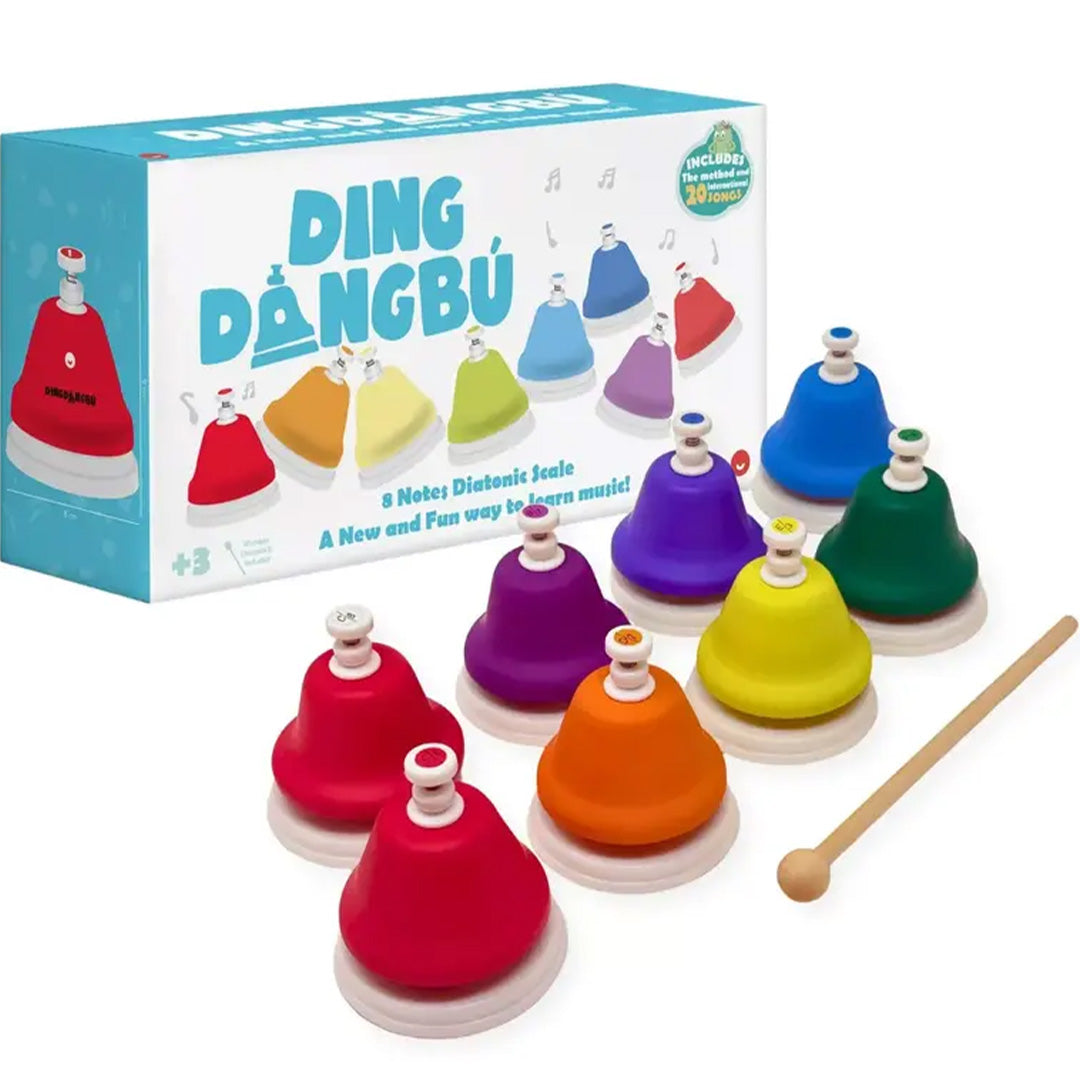 tambu muziekklokken set met 8 kleurrijke handbellen, een houten mallet en de productverpakking.