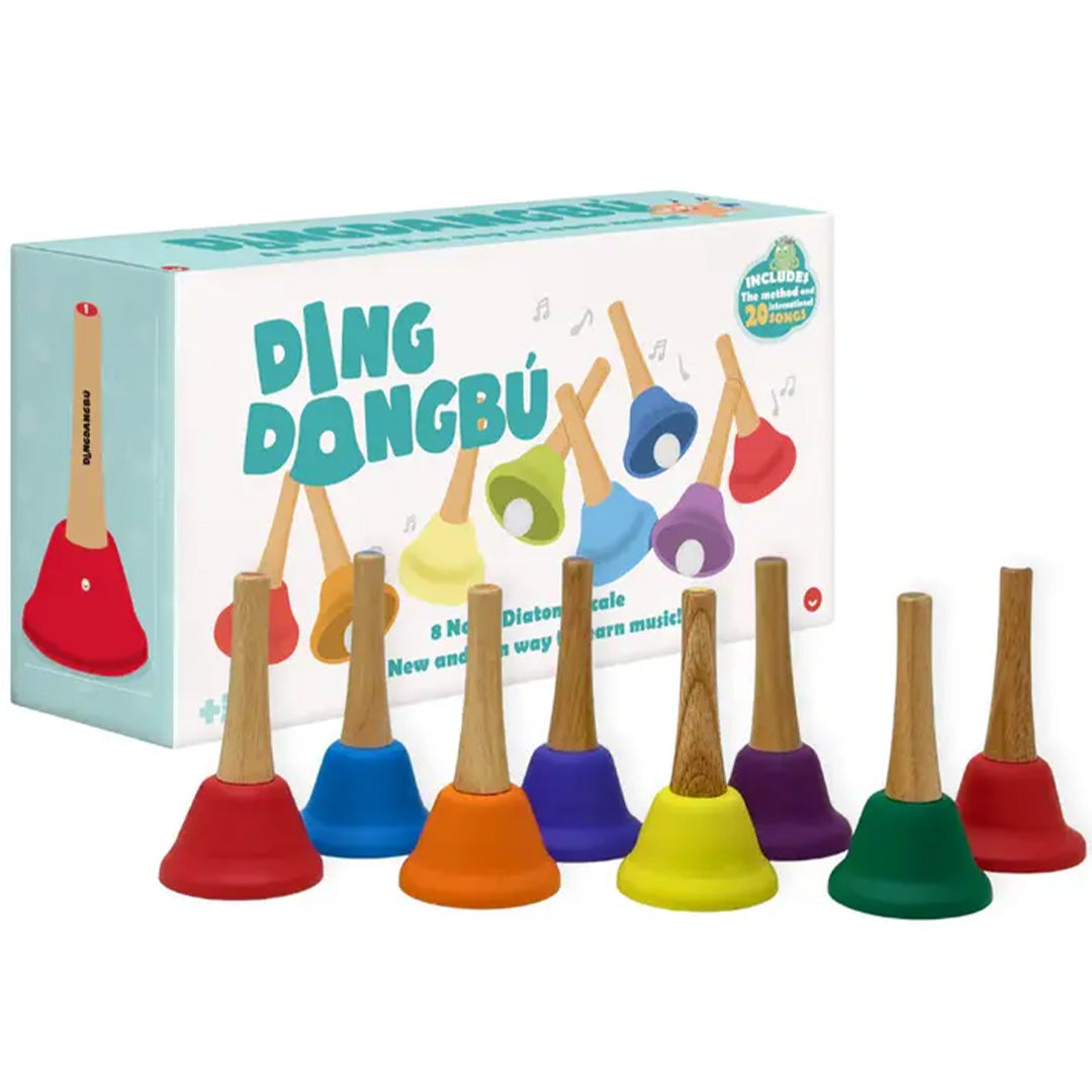 tambu Ding Dang Bú muziekspeelgoed set met 8 regenboogkleurige handbellen en de productverpakking.