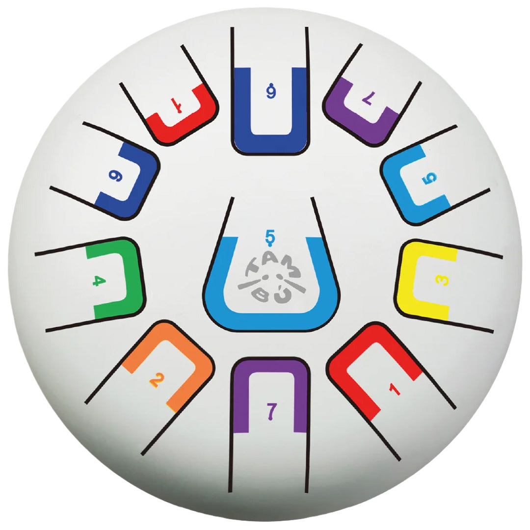Bovenaanzicht van de tambu tongtrommel met kleurrijke genummerde vlakken en een geometrisch patroon.
