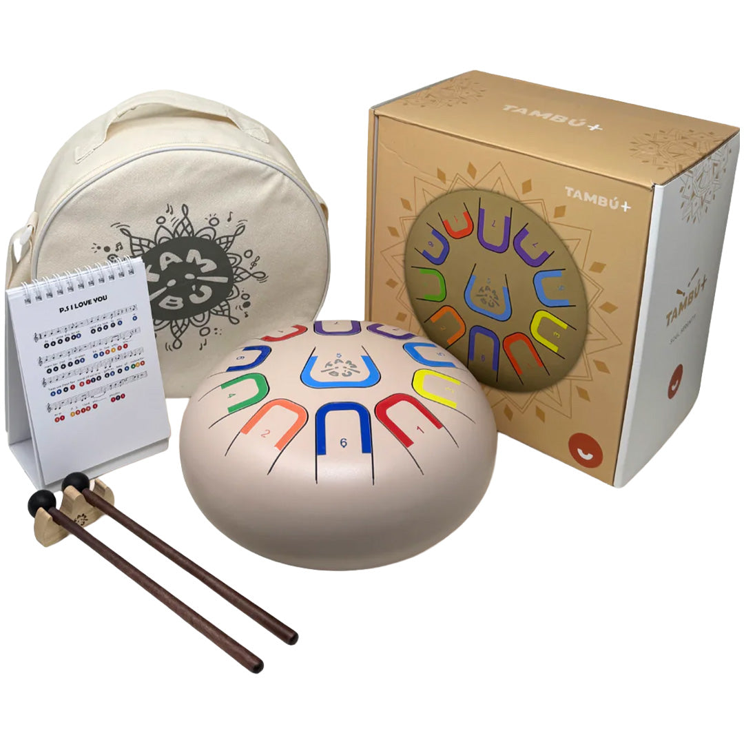 De tambu tongtrommel set met draagtas, verpakking, mallets en een muziekboekje.