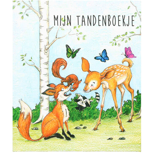 Tandenpret tandenboekje met een illustratie van bosdieren zoals een vos, reekalf en eekhoorn op de voorkant.