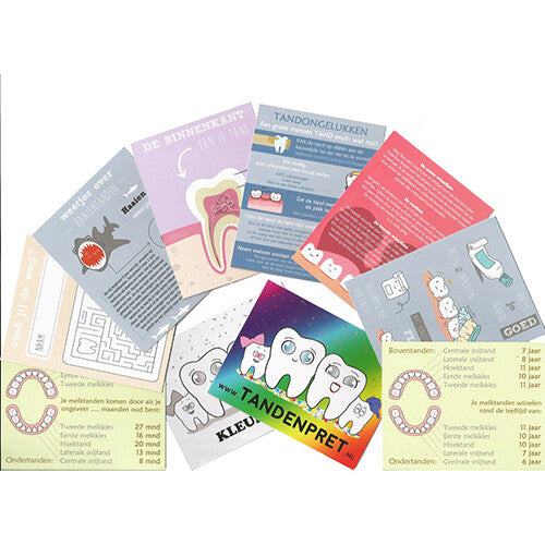 Een collectie van kleine kaarten met informatie over tanden en tandverzorging.
