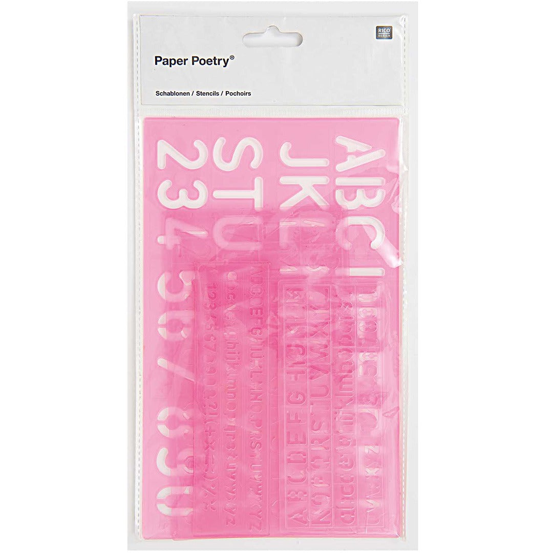 Verpakking van Rico Design roze tekensjablonen met letters en cijfers.