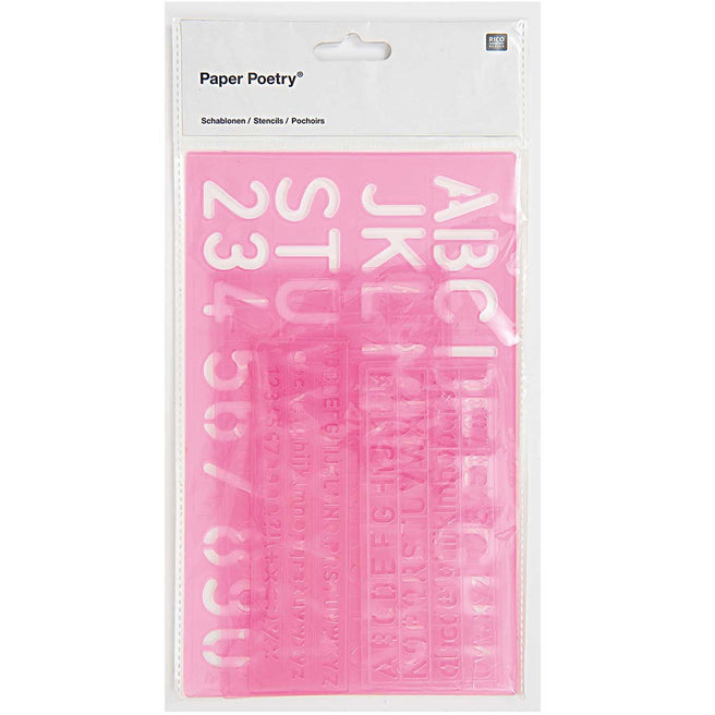 Verpakking van Rico Design roze tekensjablonen met letters en cijfers.