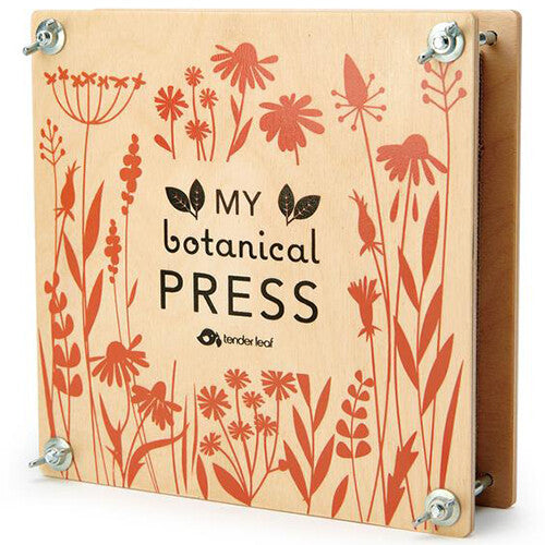 Tender Leaf Toys houten bloemenpers met botanische illustraties en tekst.