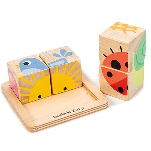 Tender Leaf Toys houten blokkenpuzzel met blokken die een vogel, zon, lieveheersbeestje en slak vormen.