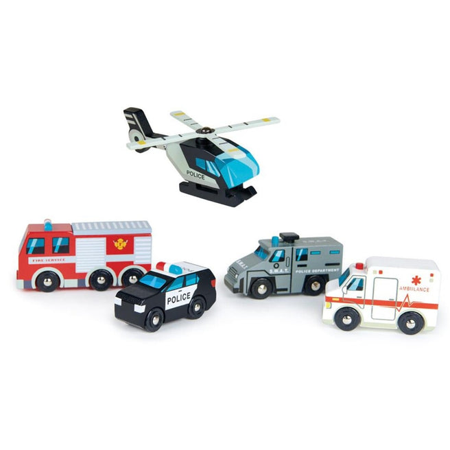 Tender Leaf Toys houten hulpverleningsvoertuigen set met een helikopter, brandweerwagen, politieauto, SWAT-voertuig en ambulance.