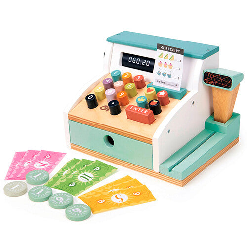 Tender Leaf Toys houten speelgoedkassa met scanner en losse stapels speelgeld.