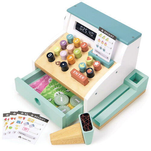 Tender Leaf Toys houten speelgoedkassa met scanner, open lade met speelgeld en een velletje bonnen.