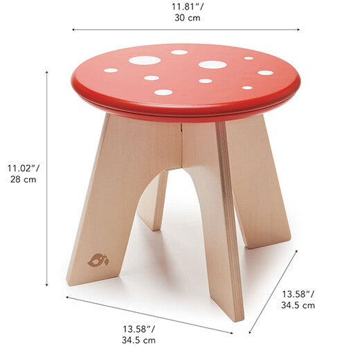Tender Leaf Toys houten kinderkruk in de vorm van een paddenstoel met afmetingen weergegeven.