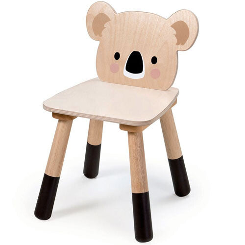 Tender Leaf Toys houten kinderstoel met een koala gezicht op de rugleuning.