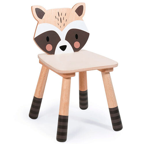 Tender Leaf Toys kinderstoel met een wasbeerhoofd als rugleuning en gestreepte poten.